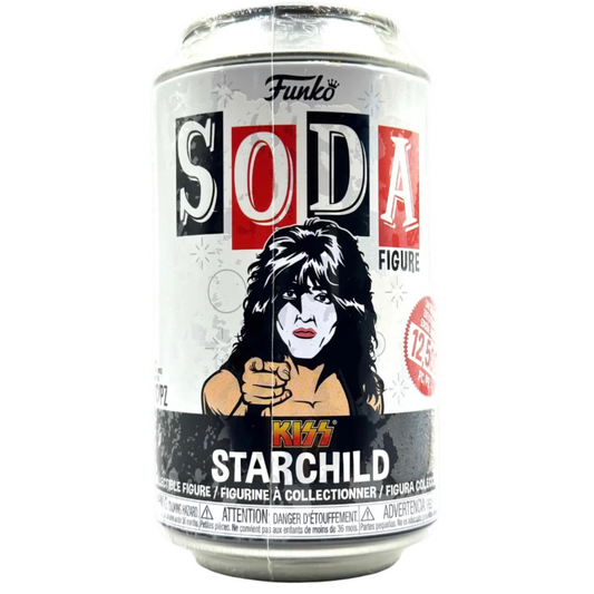 Funko Soda Figure collectible can featuring Kiss Starchild, with a silver and white label, red and black text, and an illustration of Starchild pointing forward.