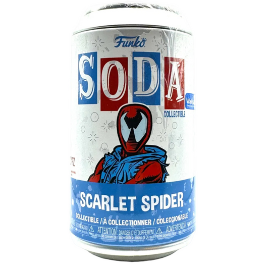 Funko Soda Scarlet Spider collectible can, featuring a white label with blue and red graphics, a comic-style Spider-Man character, and Funko branding.
