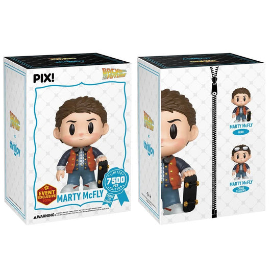 Two boxes of a 'Back to the Future' themed figurine with 'Pixi' branding on a white background.