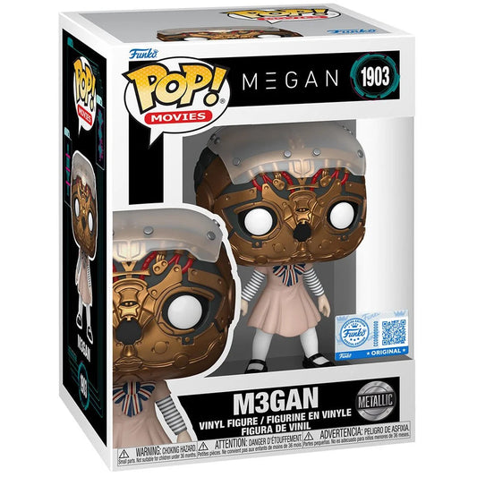 Funko Pop! vinyl figure packaging with M3GAN wearing a metallic mask on a white background