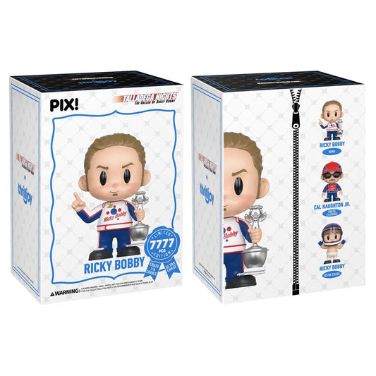Two boxes of a Ricky Bobby figurine with packaging displaying the brand 'Pixi'.