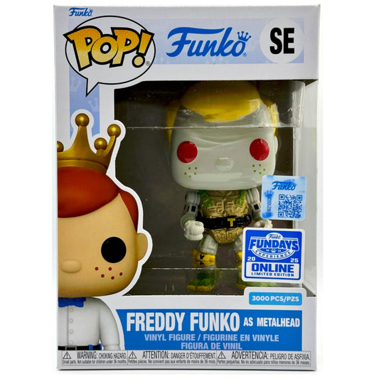 Funko Pop! vinyl figure packaging with Freddy Funko as Metalhead inside, on a white background.