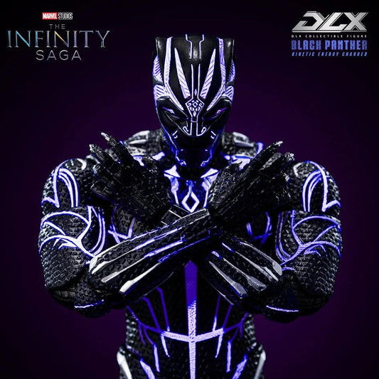 Three Zeroes DX Black Panther Infinity Saga 1/6 scale collectible action figure, featuring a detailed black armored suit with glowing purple and white line patterns, posed with crossed arms against a dark purple background.