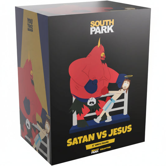 South Park 'Satan vs Jesus' 6" vinyl figure box art packaging, featuring a black front with colorful character illustrations and the South Park logo.