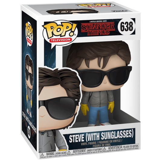 Funko Pop! vinyl figure packaging of Steve from Stranger Things with sunglasses, featuring the Funko and Stranger Things logos.