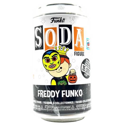 Freddy Funko figure in a can with colorful label on a white background