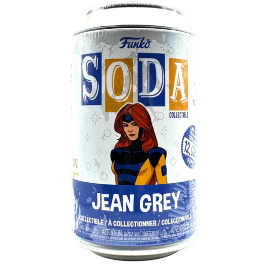 A Funko Soda Collectible can featuring Jean Grey, shown on a plain white background. The can has a white label with blue and orange accents, featuring an illustration of Jean Grey in her classic costume.