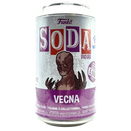 A Funko Soda Figure collectible can featuring Vecna from Stranger Things, with a silver and purple label and an illustration of the character.