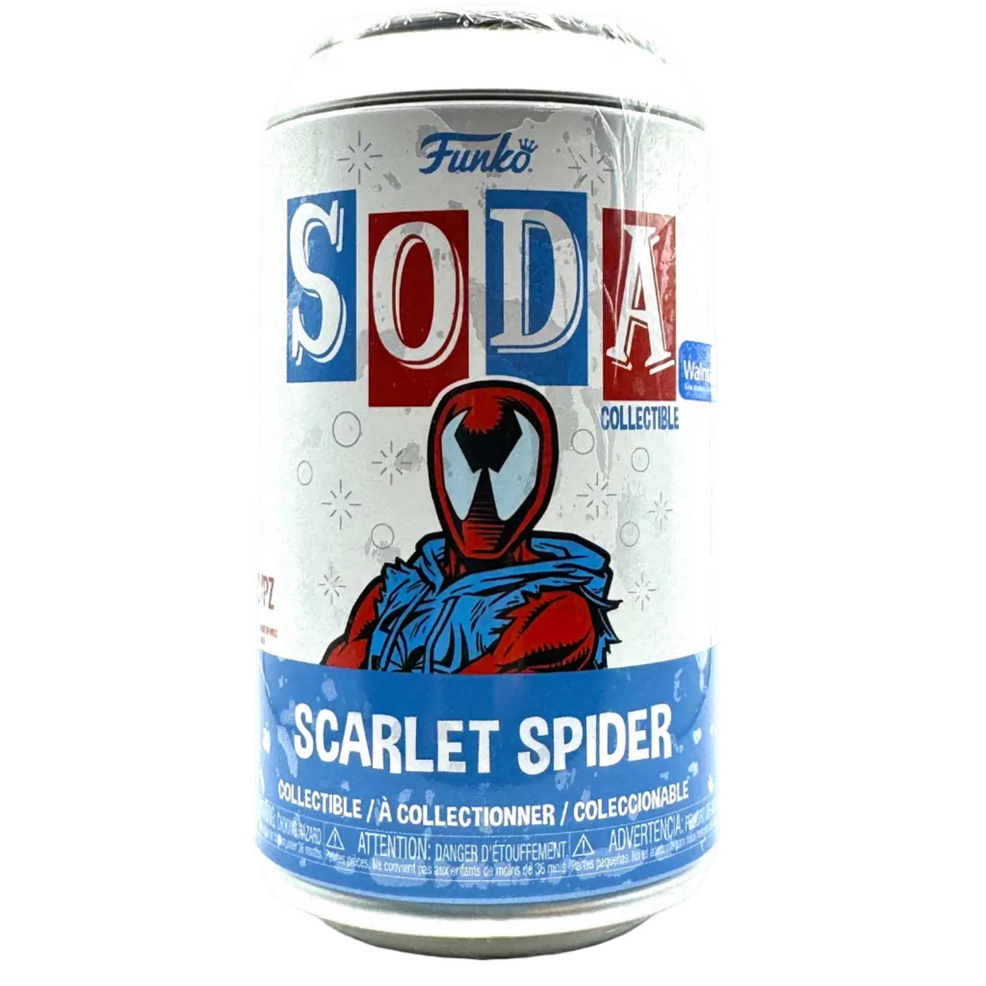 Funko Soda Scarlet Spider collectible can, featuring a white label with blue and red graphics, a comic-style Spider-Man character, and Funko branding.