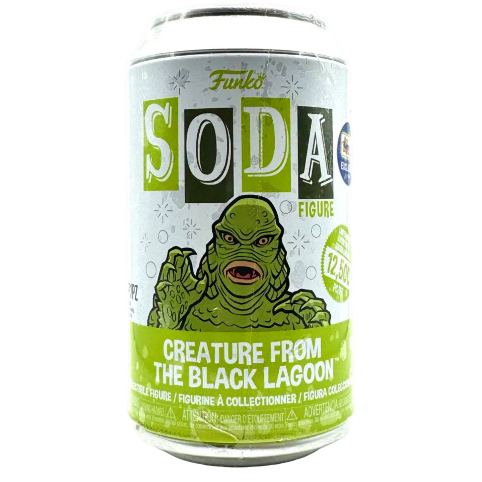 Funko Soda Figure collectible can featuring the Creature from the Black Lagoon, with a white and lime green label and the character illustration on a white background.