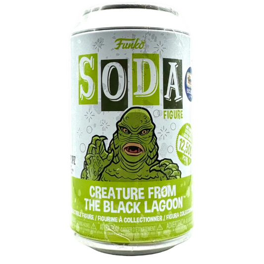 Funko Soda Figure collectible can featuring the Creature from the Black Lagoon, with a white and lime green label and the character illustration on a white background.