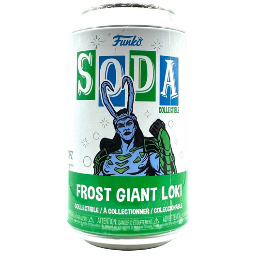 A collectible soda can featuring Funko Soda Frost Giant Loki, with a white background and green and blue graphics.