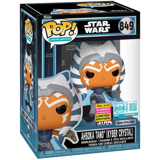 Funko Pop! Star Wars: Ahsoka Tano (Kyber Crystal) 849th limited edition vinyl figure in its original window box packaging, featuring orange and white Ahsoka with a blue lightsaber hilt.