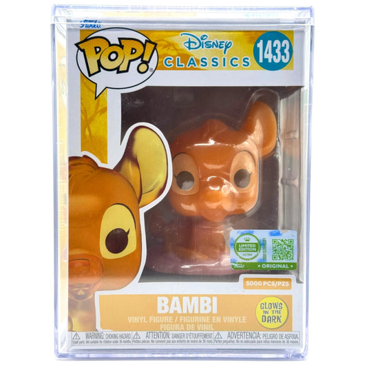 Disney Classics Funko Pop! vinyl figure of Bambi, number 1433, in its original clear plastic packaging with a yellow and blue illustrated box.
