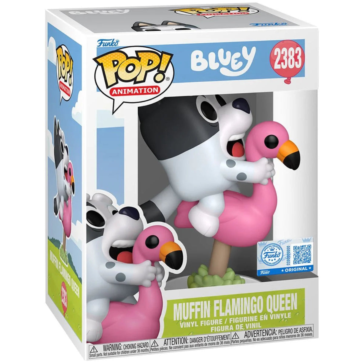 Funko Pop! vinyl figure packaging featuring a character on a flamingo with 'Bluey' branding.