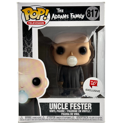 Funko Pop! packaging of Uncle Fester from The Addams Family with '817' and 'Exclusivo' text.