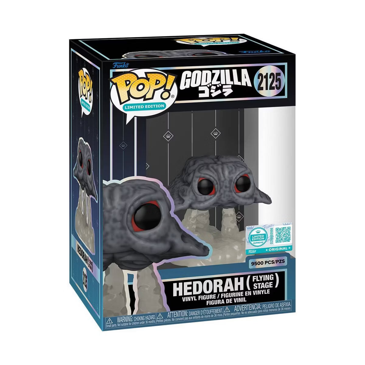 Funko Pop! Godzilla: The Flying Stage vinyl figure in its original window box packaging, featuring the grey Godzilla character with large red eyes.