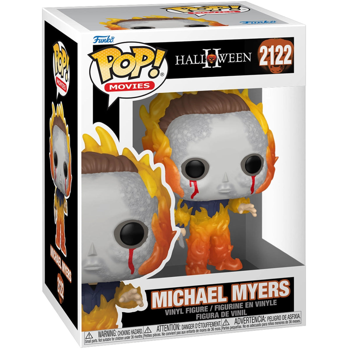 Funko Pop! Movies Michael Myers vinyl figure in its original window box packaging, featuring the character with a gray skull face, brown hair, and orange flames.