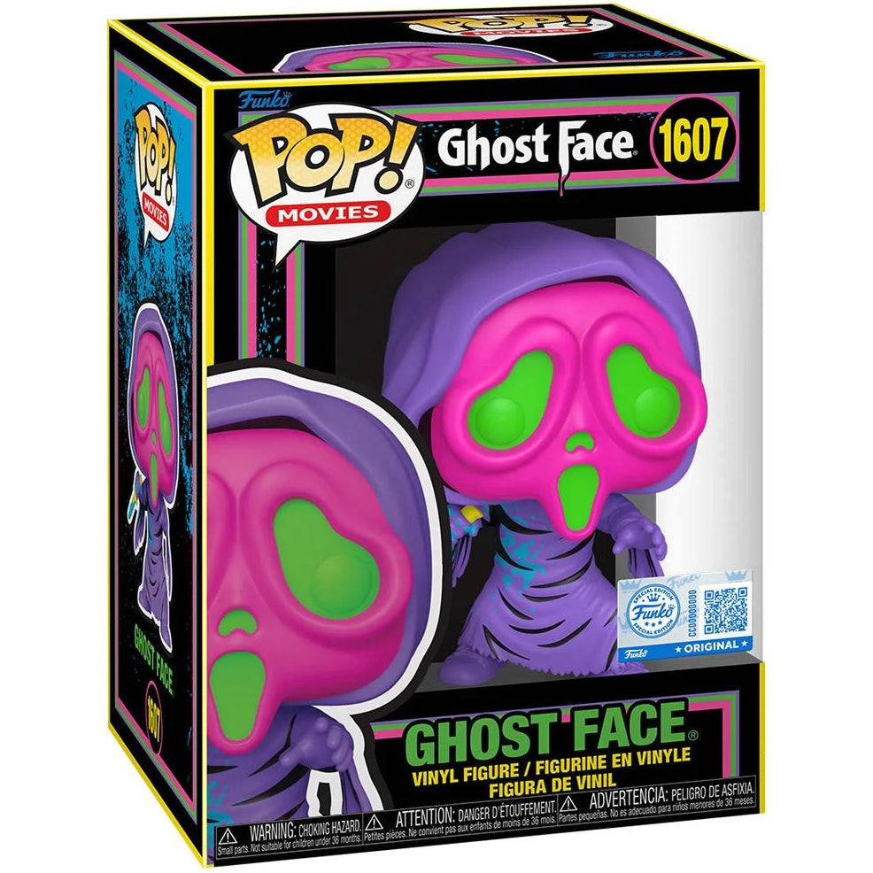 Funko Pop! Ghost Face vinyl figure packaging with purple and pink design.