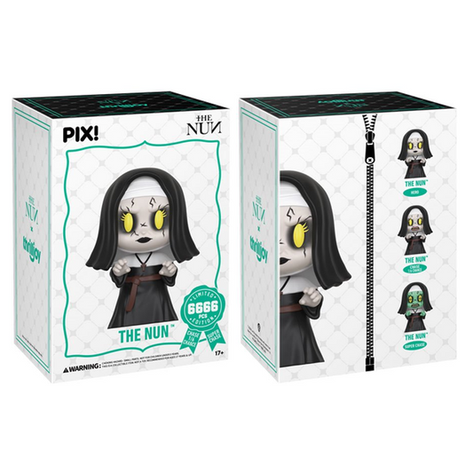 Two boxes of Pixi 'The Nun' figurine packaging on a white background