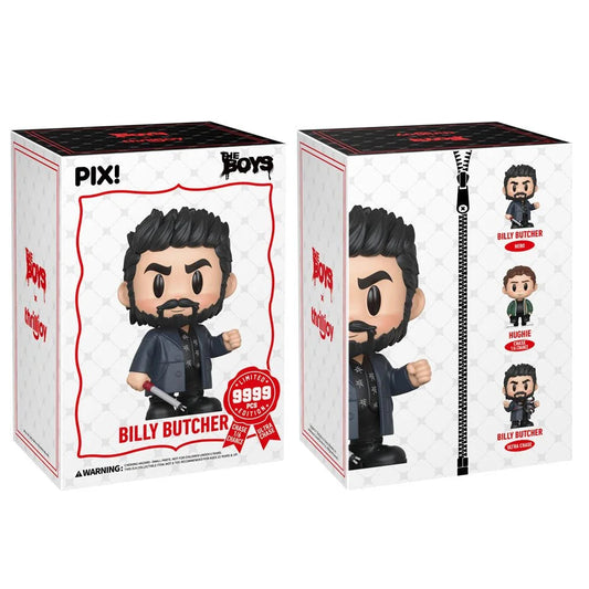 Two boxes of a 'Billy Butcher' figurine from the Boys series, one with a red label and the other with a black zipper.