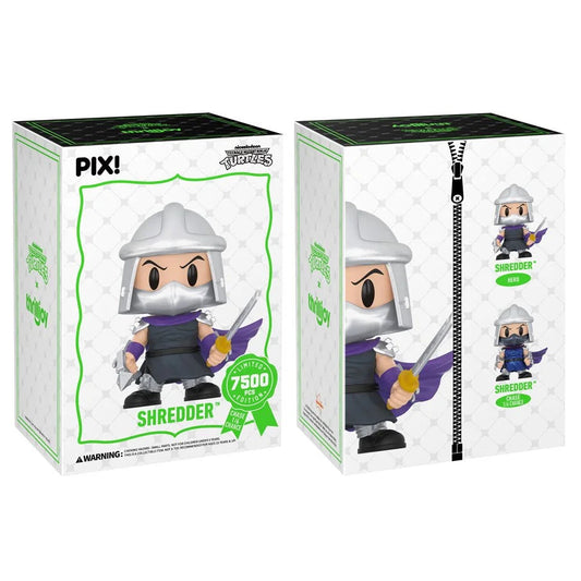Two boxes of a Shredder figurine from the Teenage Mutant Ninja Turtles series PIX!, with one box open showing the figurine.