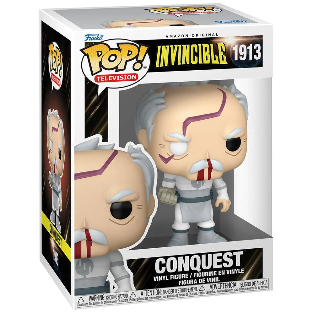 Funko Pop! vinyl figure packaging for Conquest from Invincible, with Funko logo and product details.