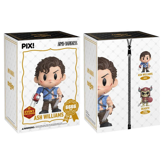 Two boxes of Ash Williams figurines from Army of Darkness, featuring Pix! branding.