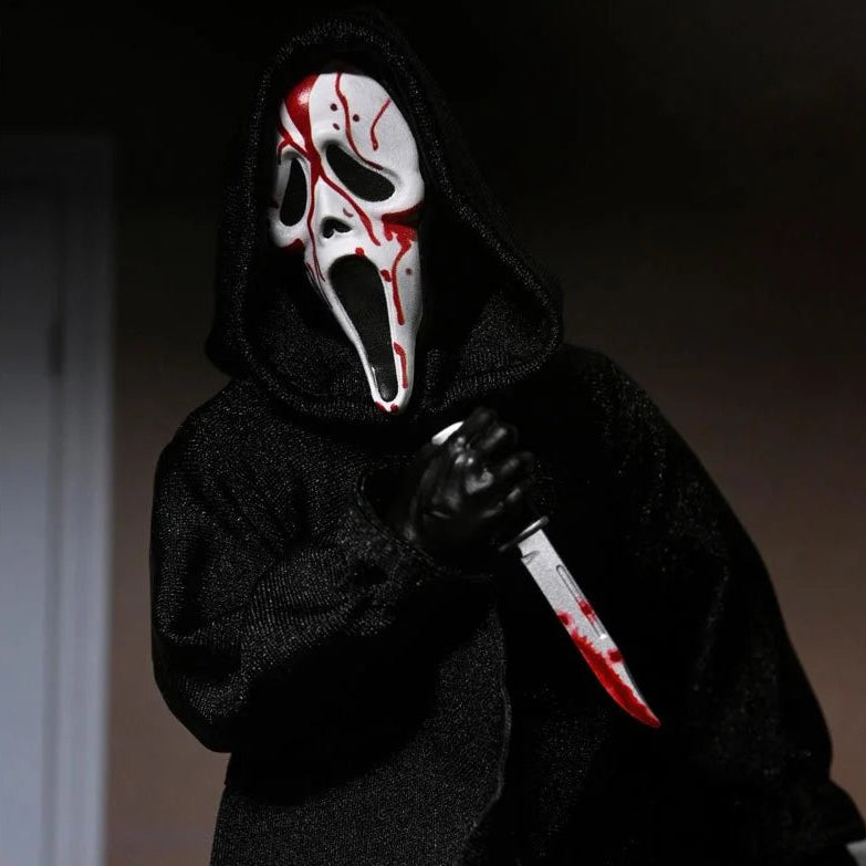 ghost face killer wearing a black hooded outfit with a white mask and holding a knife with blood effect.
