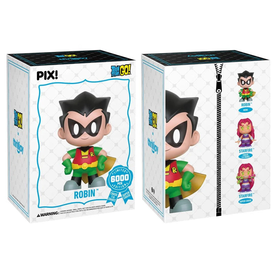 Two boxes of thrilljoy Pix Robin action figure packaging on a white background