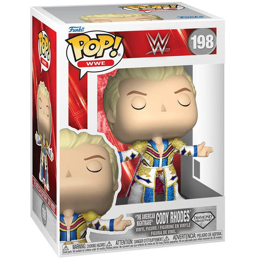 Funko Pop! WWE figure packaging with Cody Rhodes in a red and gold outfit.