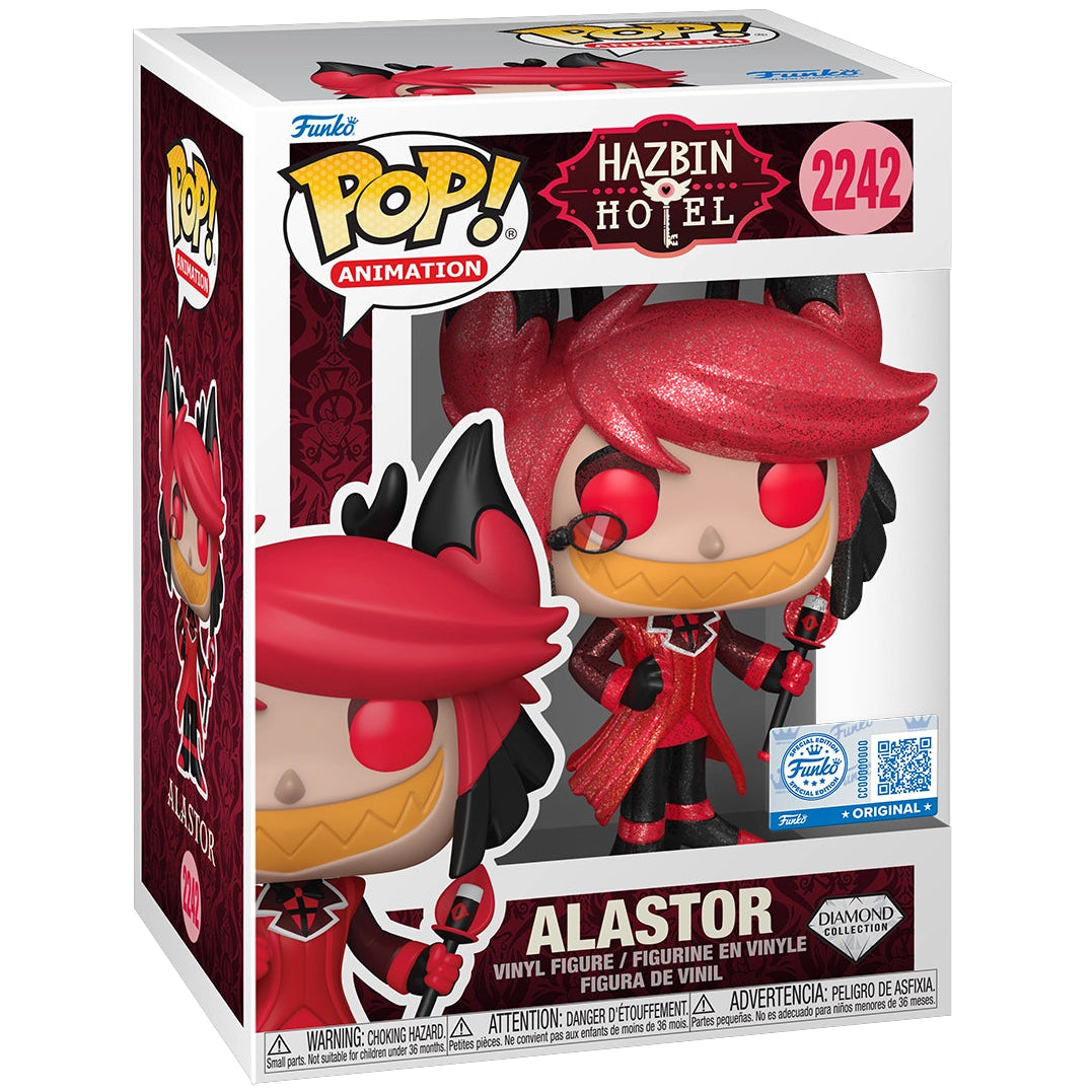 Funko Pop! vinyl figure packaging for Alastor from Hazbin Hotel with branding and product details.