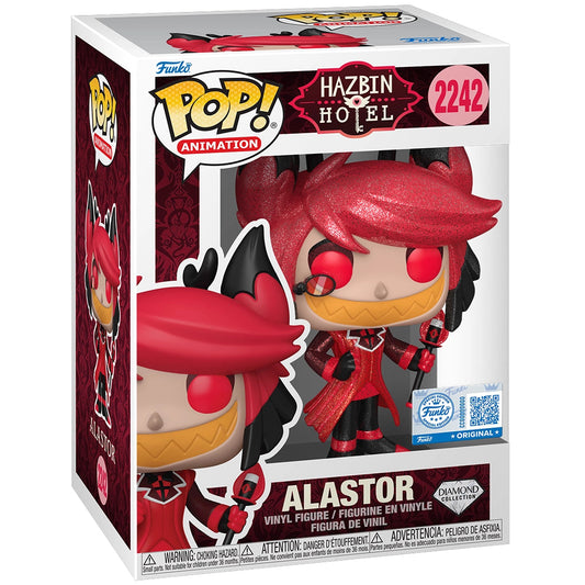 Funko Pop! vinyl figure packaging for Alastor from Hazbin Hotel with branding and product details.