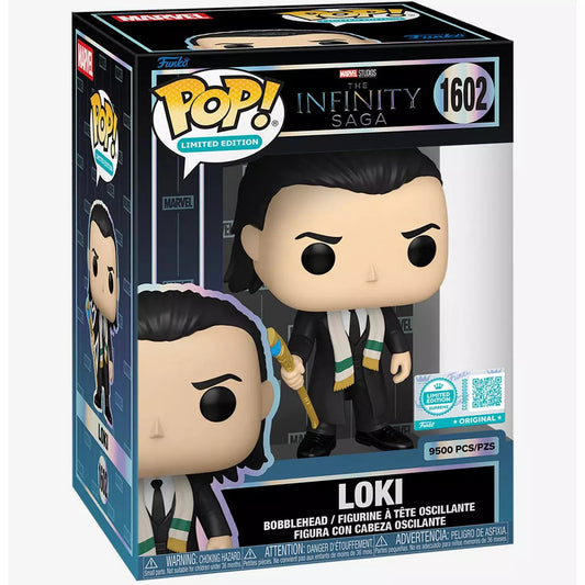 Funko Pop! vinyl figure of Loki from Marvel's The Infinity Saga, number 1602, in its original window box packaging.