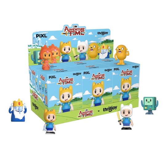 Collection of 'Adventure Time' figurines with packaging on a white background
