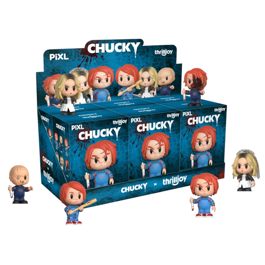 Collection of Chucky figurines with packaging on a white background