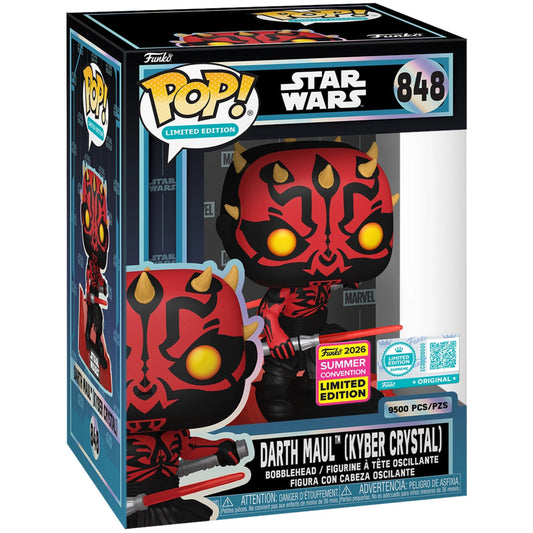 Funko Pop! Star Wars Limited Edition Darth Maul (Cyber Crystal) figure in its original window box packaging, featuring a red and black Darth Maul figure with glowing yellow eyes.