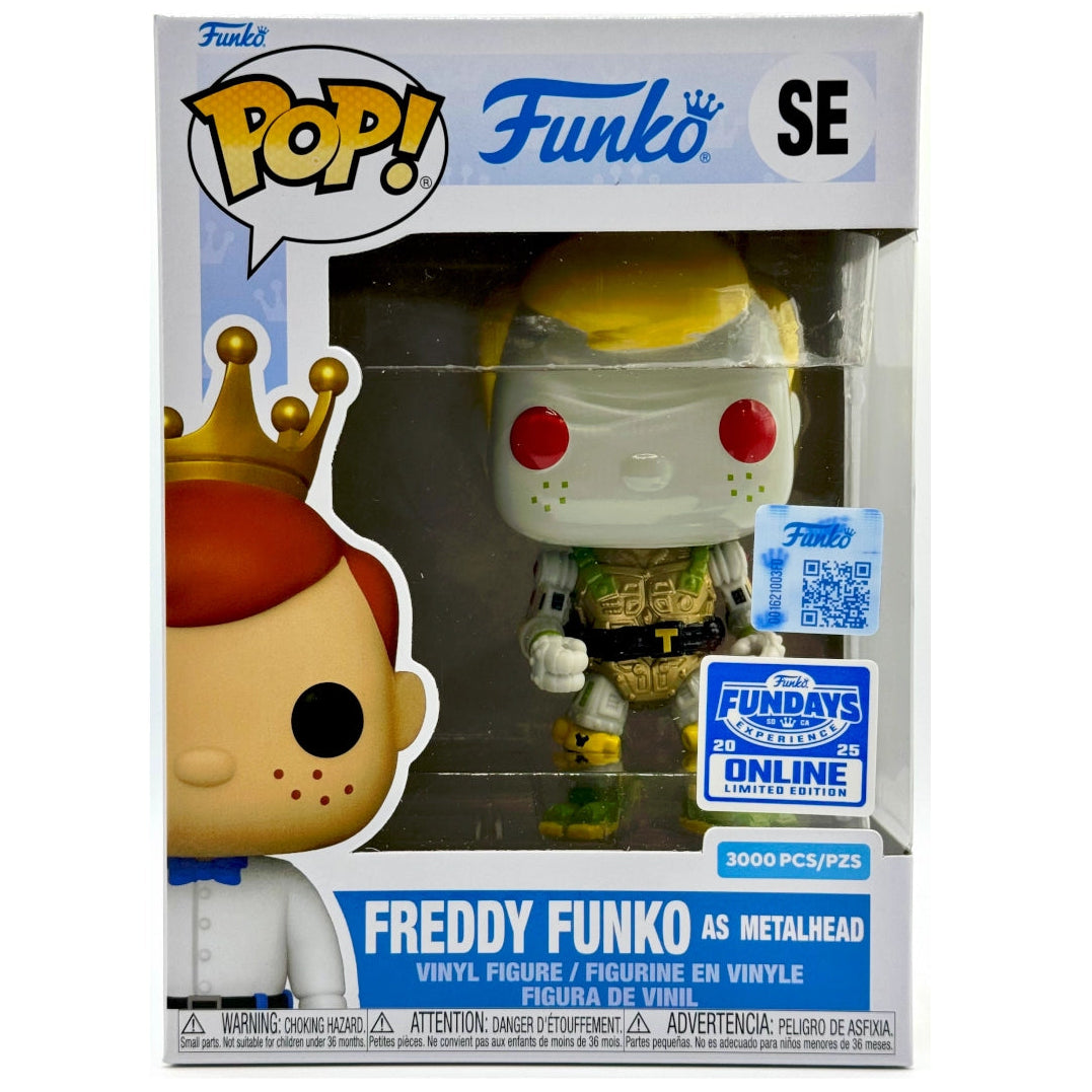 Funko Pop! vinyl figure packaging with Freddy Funko as Metalhead inside, on a white background.