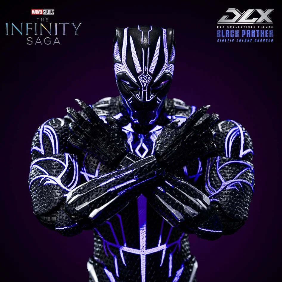 Three Zeroes DX Black Panther Infinity Saga 1/6 scale collectible action figure, featuring a detailed black armored suit with glowing purple and white line patterns, posed with crossed arms against a dark purple background.