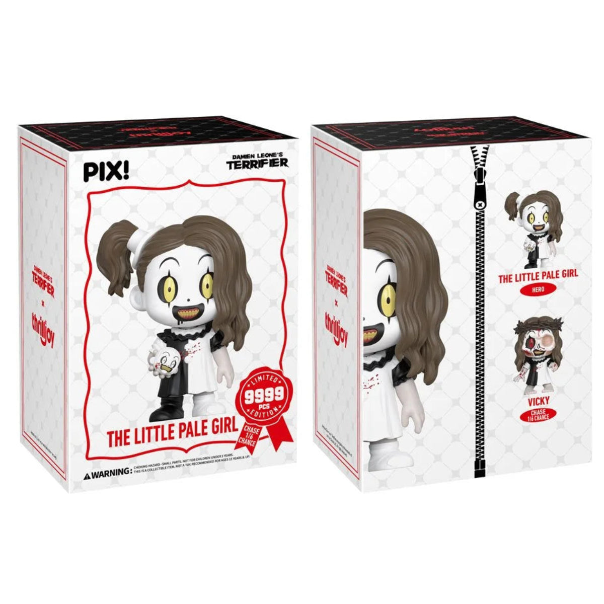 Two retail boxes for a PIX! The Little Pale Girl collectible figure shown on a plain white background. One box displays the front artwork with the character illustration and a red 9999 collectible ribbon badge, and the other shows the side/back with a zipper detail and additional character views.