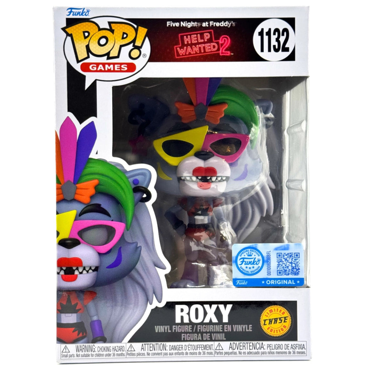 Funko Pop! vinyl figure packaging of Roxy from Five Nights at Freddy's with colorful headdress and sunglasses.