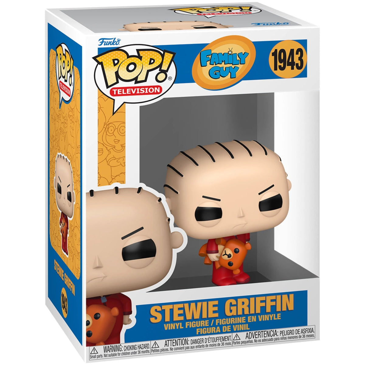 Funko Pop! Television Family Guy Stewie Griffin vinyl figure in its original window box packaging, featuring Stewie with his teddy bear.