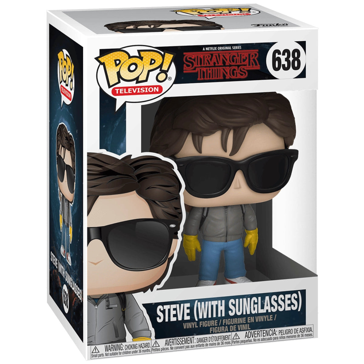 Funko Pop! vinyl figure packaging of Steve from Stranger Things with sunglasses, featuring the Funko and Stranger Things logos.