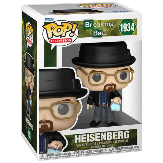 Funko Pop! Television Heisenberg vinyl figure in its original window box packaging, featuring the character from Breaking Bad wearing a black hat, glasses, and a beard.